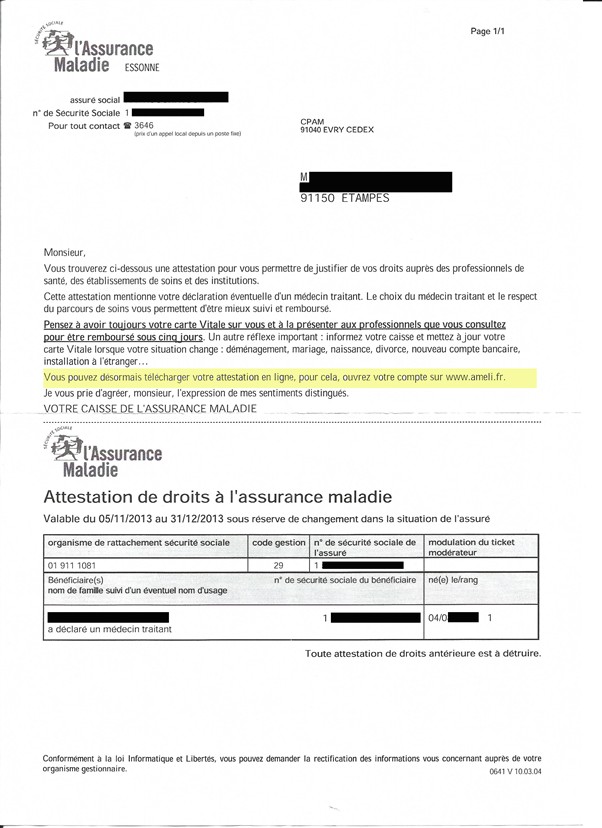 Attestation de carte vitale oculariste